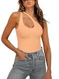 REORIA Women's Summer Sexy Plunge One Shoulder Sleeveless Double Lined One Piece Tank Tops Thong Bodysuits Leotards For Going Out Peach Fuzz Small