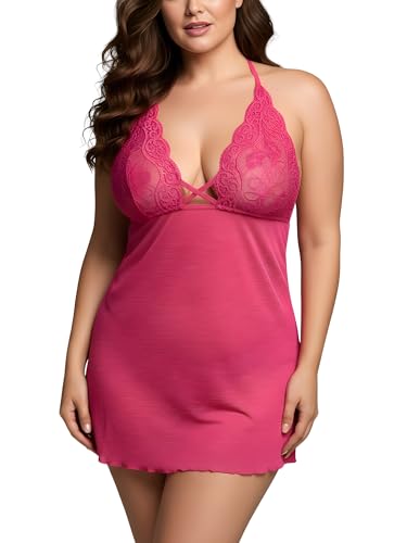 Image of Xs and Os Women's Polyester Spandex Mix & Lace Solid Midi Babydoll Lingerie with Panty