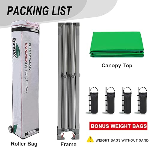 Eurmax USA 10x10ft Pop Up Canopy,Commercial Instant Tent for Outdoor Events,Patented No-Tip Rolling Storage Bag with 4 Sandbags,UV & Water Resistant,Heavy Duty Portable Shelter Gazebo,Kelly Green by Eurmax - Image 6