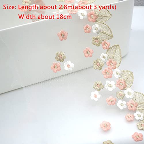 Wiosny 18Cm (7.08Inch)Width Floral Embroidery Lace Trim Diy Sewing Craft Supply Christmas Package Wedding Decoration Decorative Accessories 2.8M(3Yards） Length (Pink Flower/18Cm (7.08Inch)Width) #TOP1