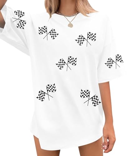 Oversized Racing Shirt Women Checkered Flag Tshirt Vintage Race Day Car Shirts Casual Unisex Short Sleeve Tee Tops