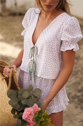 Image of Thopavenoir Women 2 Piece Casual Lounge Sets Y2k Puff Sleeve Peplum Shirt Tie Front Tee Shirt Shorts 2pcs Pajamas Sets