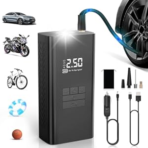 DIHOOM Compresor Aire Portatil – Inflador Electrico de Neumáticos de Coche de 45L/min con Soporte de Power Bank, Iluminación LED Batería de 6000mAh,4 Modos,Ideal para Coches Bicicletas Motos y Balones