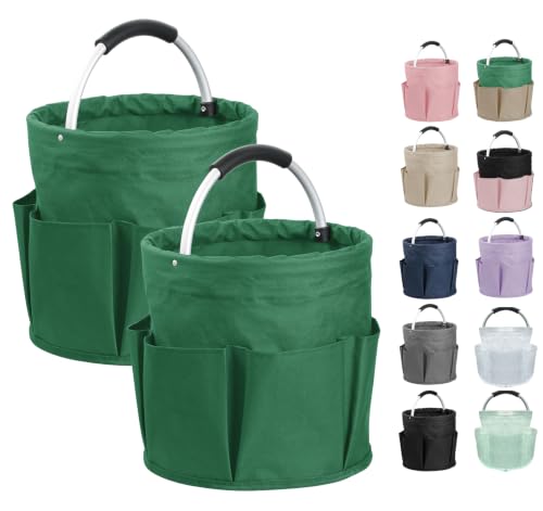 Image of 2-Pack Cleaning Supply Caddy with 6 Side Pockets, 17L Foldable Bucket Organizer Storage Tote with Handle, 600D Oxford Tool Bag for House, Dorm, Garden, Bathroom, Green