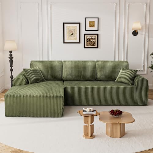 Image of 110 inch L Shaped Boneless Sectional Couches for Living Room, Comfy Corduroy Floor Cloud Sofa with Chaise, Wide Armrest, Deep Seat, Memory Foam, Assembly Free, Ideal for Small Spaces, Green
