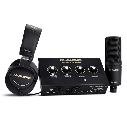 M-Audio M-Track Duo HD Pack de Productor con Interfaz de Audio, Microfono de Condensador M100 y Auriculares de Estudio HDH41 para Grabación, Productores, Creadores de Contenidos y Podcasters