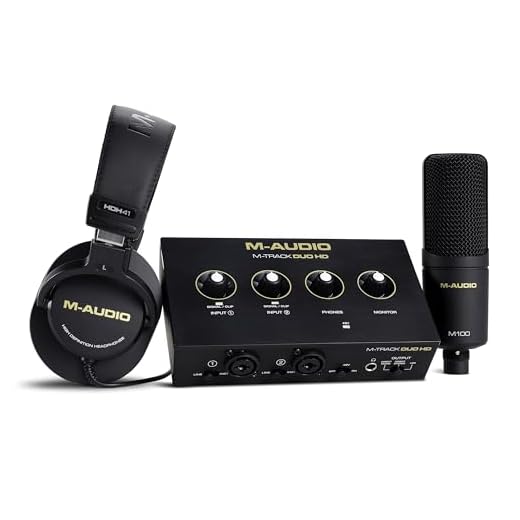 M-Audio M-Track Duo HD Pack de Productor con Interfaz de Audio, Microfono de Condensador M100 y Auriculares de Estudio HDH41 para Grabación, Productores, Creadores de Contenidos y Podcasters