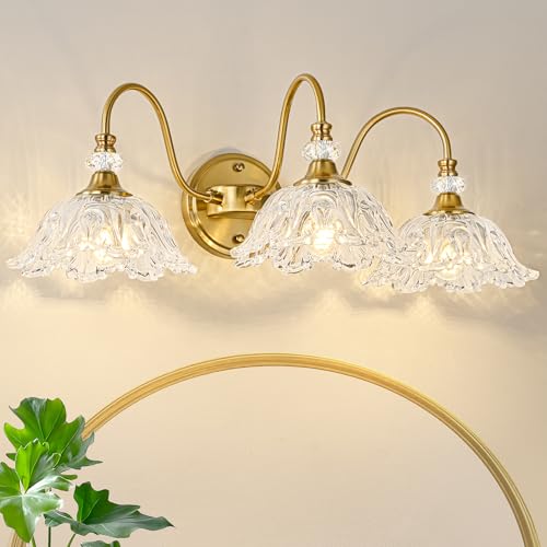 Image of Gold Bathroom Vanity Light, 3-Light Brushed Gold Finish Vanity Light with Floral Clear Glass Shades, Retro Wall Mount Lighting for Bathroom, Dressing Table