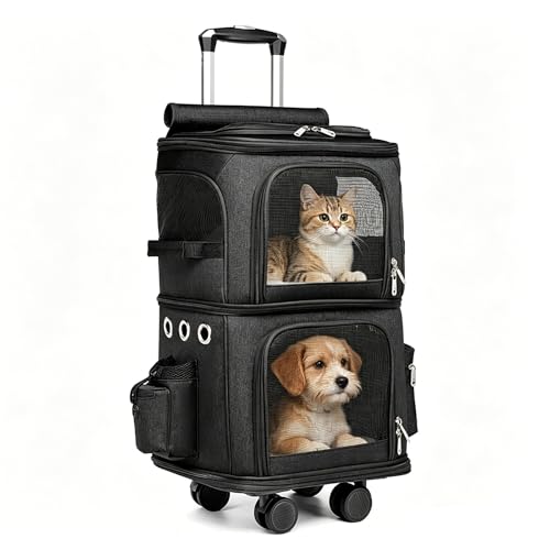 Double Cat Carrier with Wheels, Double Compartment Pet Carrier for 2 Cats, Rolling Travel Carrier with Mesh Vents & Side Pockets for Small Dogs and Cats