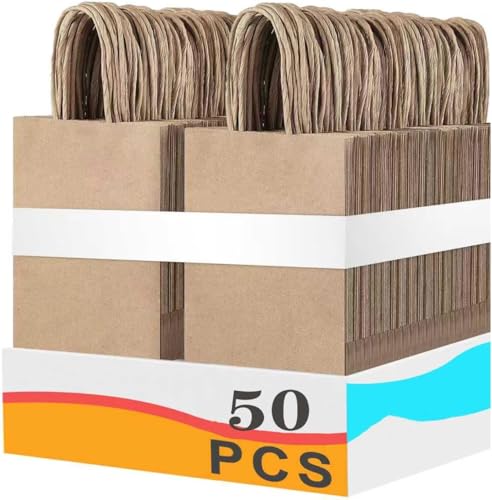 50 Braune Geschenkpapiertüten 15x8x21 cm - Vielseitige Tragetaschen aus Recycling-Kraftpapier für Weihnachten, Hochzeit, Geburtstag, Party & Einkauf