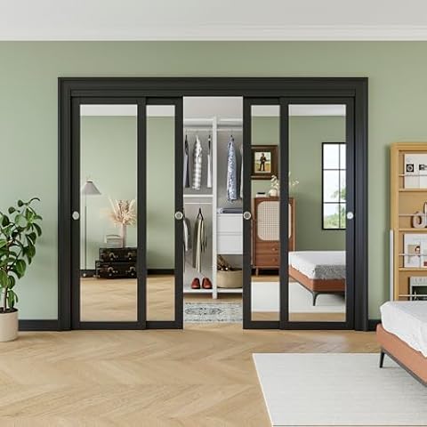 96" x 80" Sliding Closet Door, Black 1-Lite One-Side Mirror Bypass Door Panel with Hardware Track Kit & Floor Guide, Solid Wood Slab Pre-Assembled with PVC Surface, Silver Round Handle Cover