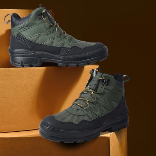 Image of Liberty Leap7x DRAWNER-1E Sports Casual Lacing Trekking Shoes for Men - Olive Green & Black | Comfortable and Durable | Suitable for Walking, Running, Outdoor and Hiking Boots Footwear | Cushioned Footbed