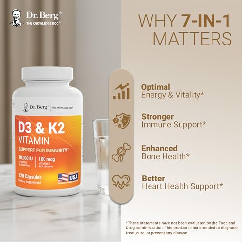 Dr. Berg Maximum Strength 7-in-1 Vitamin D3 K2 10,000 IU | Naturally Derived D3 | 4X Lab-Tested & Verified | High Absorption Formula | K2 D3 Vitamin Supplement | 120 Capsules