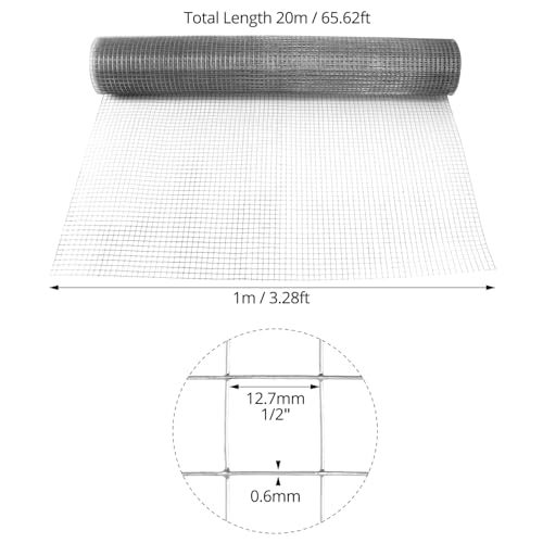 QWORK® Verzinktes Drahtgitter, 1 x 20 m Maschendrahtgeflecht, 12.7 mm Löcher Drahtgitter Feinmaschig, Maschendrahtzaun, für Hühnerställe, Kaninchengehege