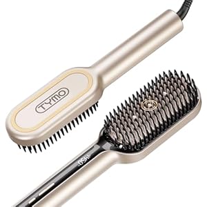 TYMO Hair Straightener Brush – Upgraded Ionic Plus Straightening Brush with Dense Bristles, 16 Temps, Dual Voltage | Ceramic Hot Comb for Women | Flat Iron for Thick Curly Hair, Gold