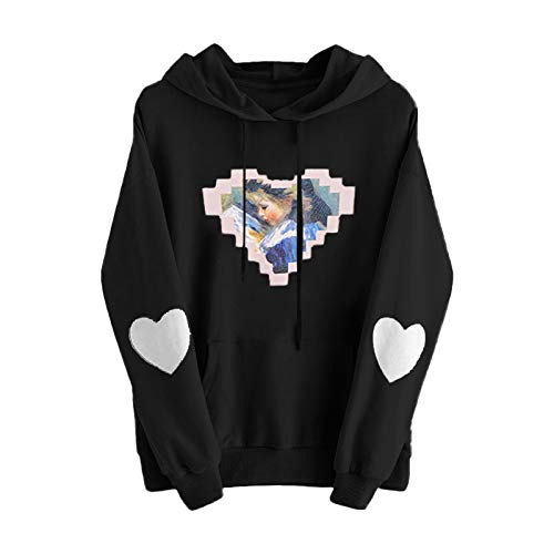 Xmiral Hoodies Damen Herz Gedruckt Niedlichen Kapuzenpullover Kordelzug Dünne Slim Fit Sweatshirt Tops Mit Taschen(a-Schwarz,M)