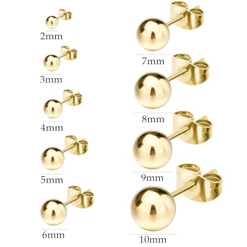 NEWITIN 9 Pairs Gold Ball Stud Earrings for Women Hypoallergenic Earring 18K Gold Plated Ball Earrings Set 2-10 MM Small Studs for Women Men2