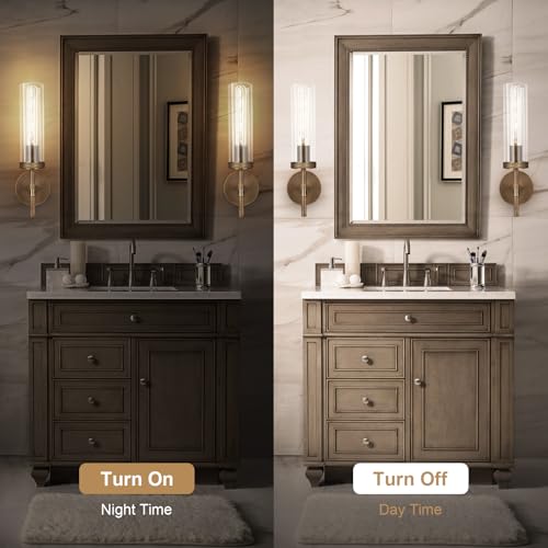 Image of Bronze Wall Sconces, 15'' Brushed Brass Knurled Bathroom Sconces Wall Lighting Vanity Light with Clear Glass, Indoor Wall Mount Light for Living Room Mirror Bedroom Stairs