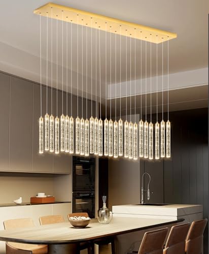 Image of Rectangular Chandeliers 26-Lights Long Light for Entryway LED Dimmable Chandeliers Lighting Fixture Flat Sloped High Ceiling Pendant Lights Crystal for Living Room Foyer Hallway Staircase Gold