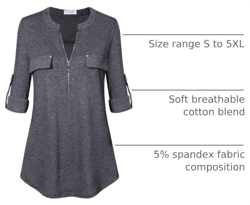 Image of Bulotus 3 /4 Length Sleeve Womens Striped Tops Zipper V Neck Collared Blouses Business Casual Tunics 2026 Spring Trendy