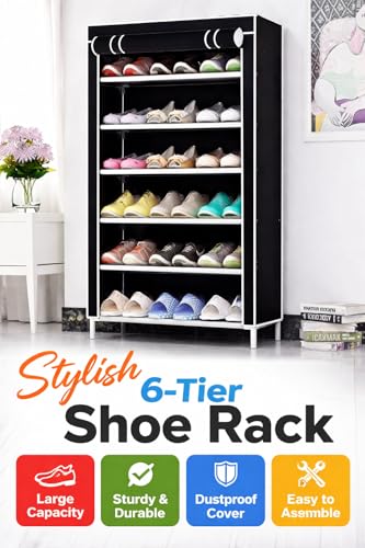 Image of 6 Layer Plastic Shoe Rack with Cover for Home & Bedroom (Black) | Space-saving 6 layer shoe rack for home