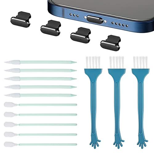 LEEQBCR 17 pcs Kit Spazzole per Pulizia Interfaccia Cellulare, Tappo Antipolvere per Cellulare in Metallo Compatibile con Vari Telefoni Cellulari, Spazzola per Pulizia Altoparlanti per Cellulare