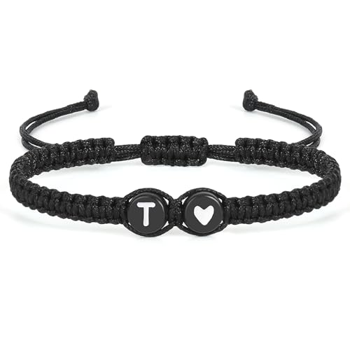 Image of Initial Letter Bracelet for Women Men, Alphabet Handmade Black Adjustable Braid Rope Heart Bracelet, Jewelry Gifts for Daughter Mother's Day Mom Sister