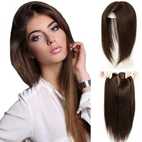DELUXE HAIR Hair topper for Women Natural Color | 22inch Women Hair Toppers Invisible Seamless Mini Volumizer Clip in Hair Extension Brown (3Clip Hair Topper)-image-25