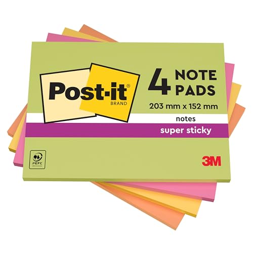 Post-it Super Sticky Large Notes 180 Sheets Pack of 4 Pads 152 mm x 101 mm - Holds Strong to Many Surfaces - Bright Colours - For Walls Monitors and Fridge Recycable