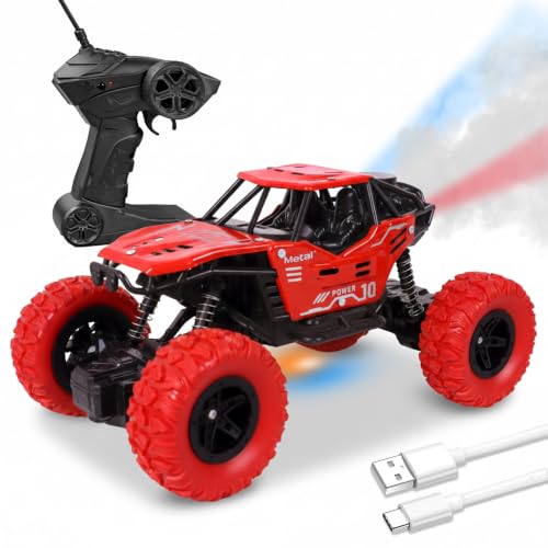Image of Toyshine 1:16 Scale 27 Mhz Smoke Rock Crawler Truck with Booster Spray Function All Terrain Stunt Racing Car Rechargeable Indoor Outdoor Toy Car - RED