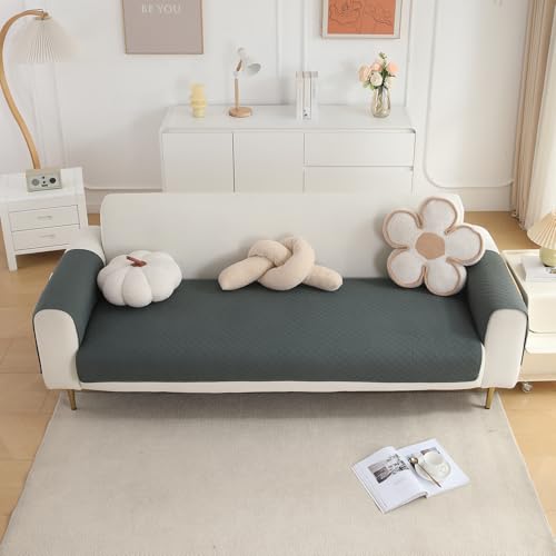 Image of HOKIPO Quilted 2 Seater Sofa Cover Set, One Seat Mat with Two Armrest Covers with Pockets, Grey (NEW-IN-720+IN-787-GRY*2)