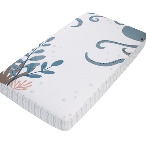 Image of NoJo Explore Dream Discover Light Blue, Navy, and White Octopus 100% Cotton Nursery Photo Op Fitted Crib Sheet