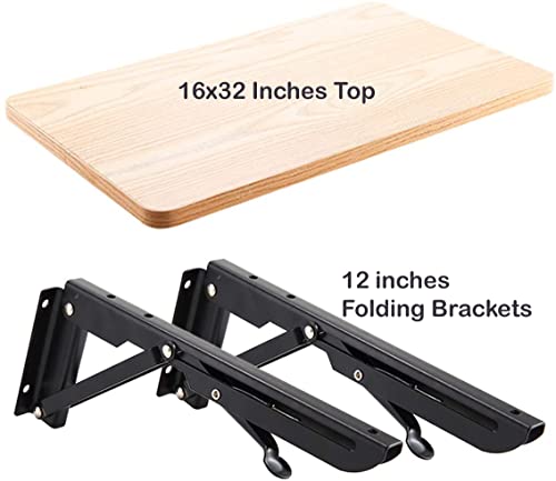 Image of Folding Wall Mounted Study Work from Home,Laptop Table /Desk; Semi Gloss Finish Color Bavarian Beech Top; Size: 16 inchx 32 inch Multipurpose Wall Mount Kitchen Shelf with MS Steel Brackets