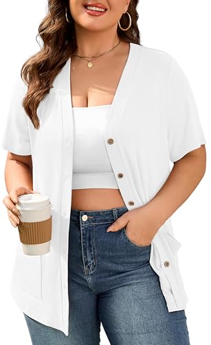 TIANZHU Women's 2026 Summer Short Sleeve Cardigan Lightweight V Neck Button Up Cropped Top with Pockets, White, XXL