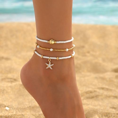Image of Ankle Bracelets for Women Waterproof Beach Jewelry for Women Elastic Beaded Anklets Boho Seashell Pearl Starfish Anklets for Women Foot Jewelry