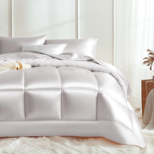 MR&HM Queen Comforter Set Silver Grey, Reversible Satin Microfiber Comforter Set for All Seasons, 3 Pieces Non-Slip Silky Soft Bedding Sets with 1 Comforter (90"x90") and 2 Pillowcases (20"x26")