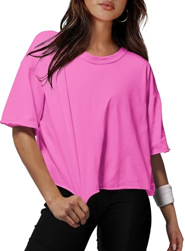 XIEERDUO Women Spring Short Sleeve Cropped T-Shirts Loose Fit Oversized Crop Tops Hot Pink M
