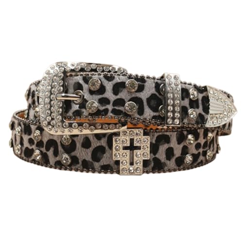 Leopard Print Cross Belt for Men – Stylish Rhinestone-Studded Waist Strap Accessory, Perfect for Jeans and Casual Wear(125cm/49, Gray)