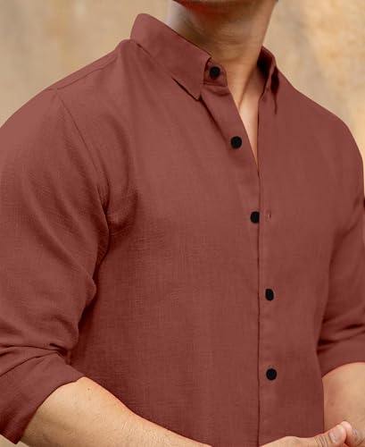 Image of Men's Cotton Casual Shirt, Long Sleeve Button Down, Mandarin Collar, Mustard Yellow, Brown, Rust Colours