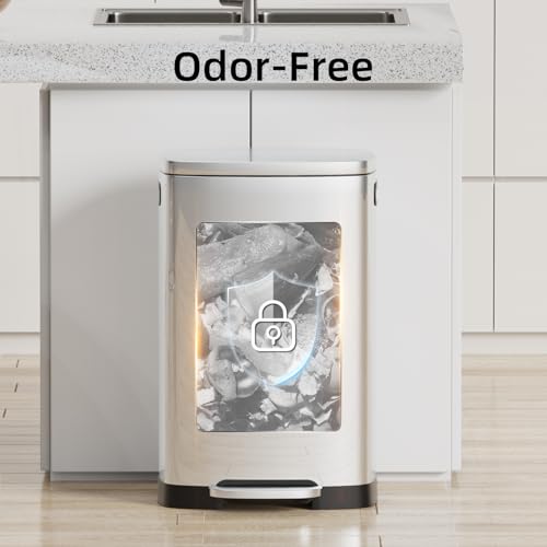 Image of KUK 13 Gallon /50L Stainless Steel Kitchen Trash Can with Lid and Step Pedal-Large Capacity Garbage Bin with Odor Seal, Silent Close Lid, Removable Inner Bucket for Home, Kitchen, Bedroom, Office