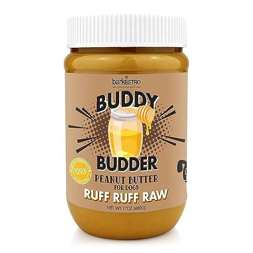 BUDDY BUDDER Bark Bistro Company, Ruff Ruff Raw, 100% Natural Dog Peanut Butter, Healthy Peanut Butter Dog Treats, Dog Enrichment, Dog Pill Pocket, Made in USA, (17 oz Jars)