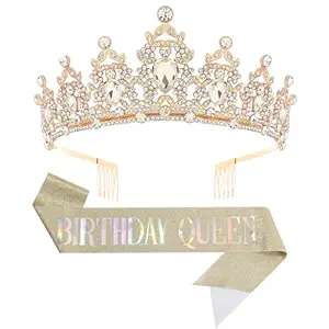 Birthday Tiara Crown with Sash for Women, Headband Hair Accessories for Wedding Party Costume Gold
