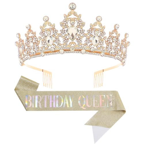 Birthday Tiara Crown with Sash for Women, Headband Hair Accessories for Wedding Party Costume Gold