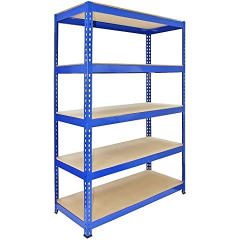 Q-Rax 5 Tier Blue Racking Bay Unit Heavy Duty Steel Metal 200kg capacity Per Shelf MDF Garage Shelves Storage Warehouse Shed Workshop Boltless Shelving 120 x 50 x 180cm Cover