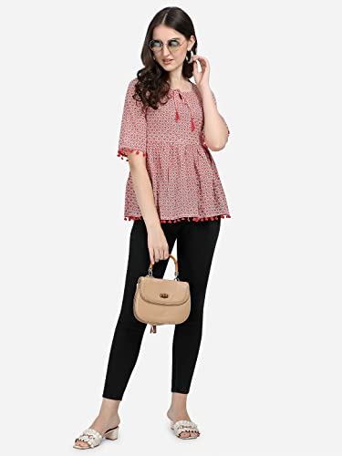 Image of Women Pure Cotton Red Geometric Print Tie-Up Neck Peplum Top