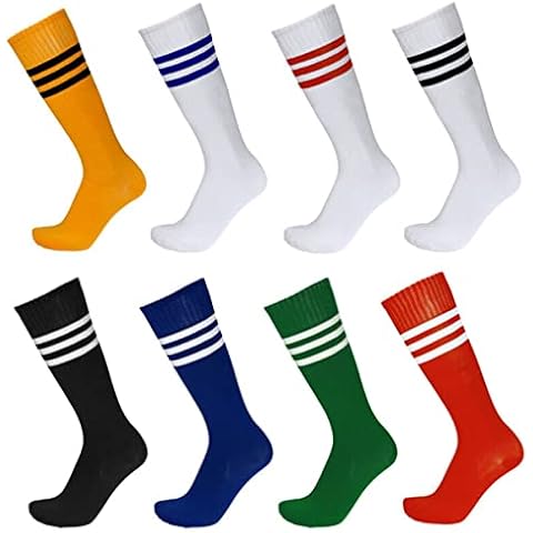 4pk of Football Stripe Sports Socks Stretchy Compression Non-slip Knee High Tube Soccer Athletic Long Multi color Stripe design Socks for Men Women Teens unisex (Black) Cover