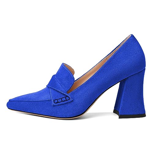 Esvowido Women's High Heel Loafers Block Chunky Heels Slip on Pumps Closed Pointed Toe Comfortable Dress Shoes for Work Office 3.5 Inch2