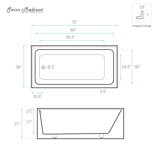 Image of Swiss Madison Voltaire 72 x 32 Skirted Left Drain Soaking Alcove Bathtub in Glossy White, Drain Included
