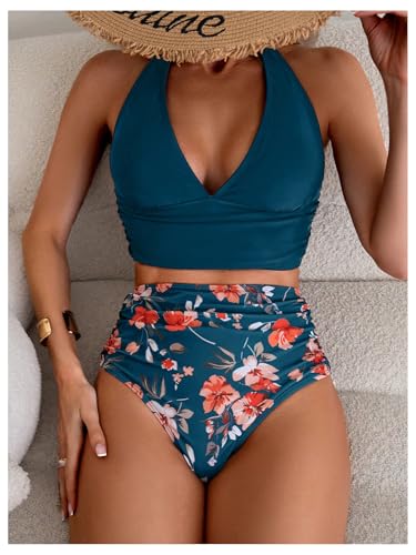 SweatyRocks Women's 2 Piece Boho Floral Print Backless High Waist Halter Tankini Swimsuit Bathing Suit3