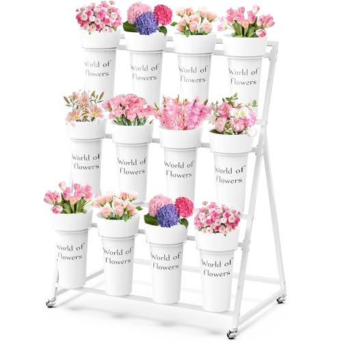 VGMiu Flower Display Stand with 12 Buckets, Metal Flower Cart with Wheels 3 Layers White Flowers Bar Stand Moving Florist Bouquet Shelf for Party Weddings Ceremony Garden Indoor Outdoor Patio Decor
